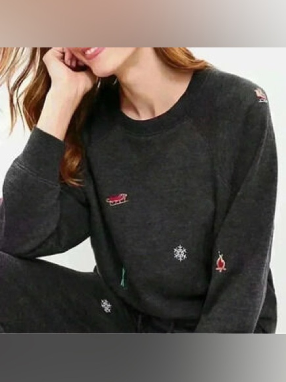 Lou & Grey Charcoal Embroidered Crewneck Sweater with Holiday Motifs